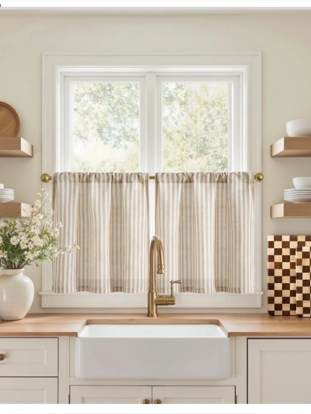 Farmhouse Striped Linen Modern Cafe Curtains LIGHT-Filtering 26”W 20”L TAN